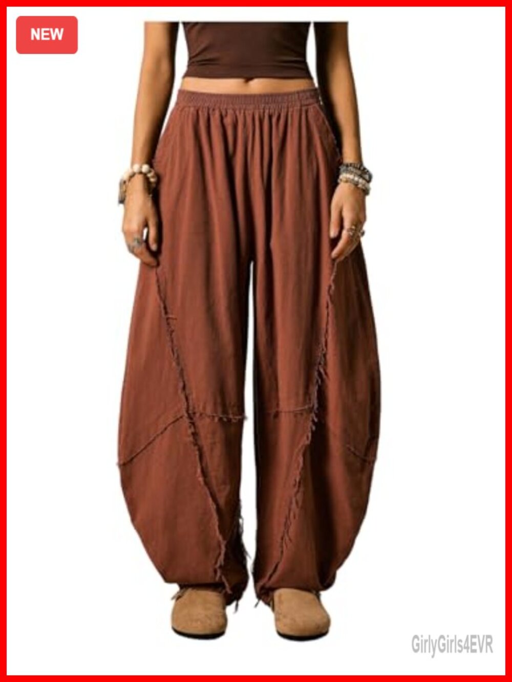 Linen Barrel Leg Harem Pants Low Rise Elastic Waist Raw Trim Joggers
